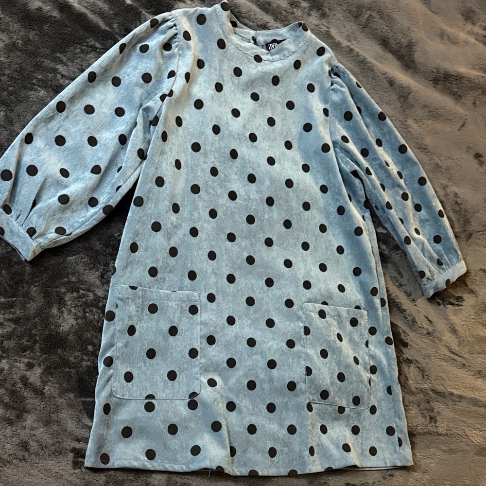 NWOT - Zara Blue and Black Polka Dot Corduroy Dress with Pockets
